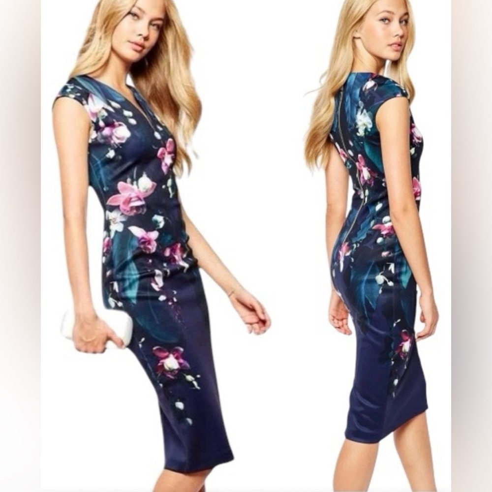 Ted Baker Floral Navy Antonya Midi Dress US Size 4